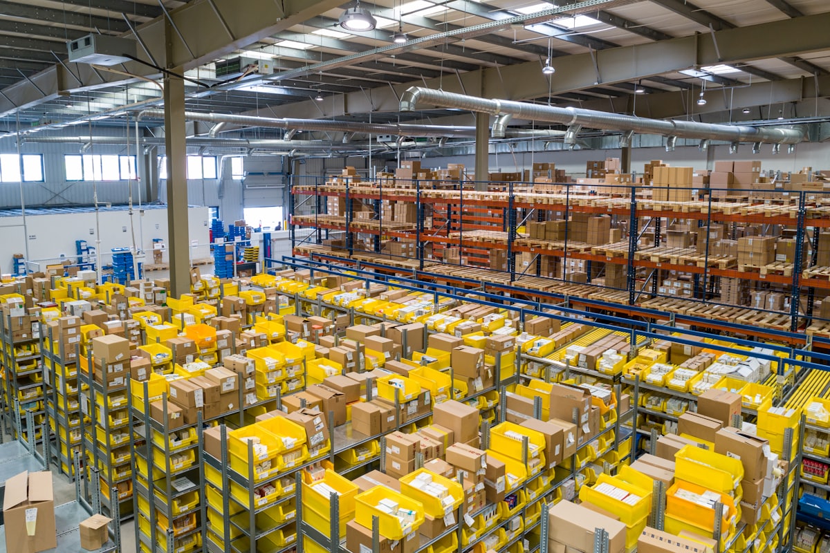 Warehouse with packaged devices ready for collection