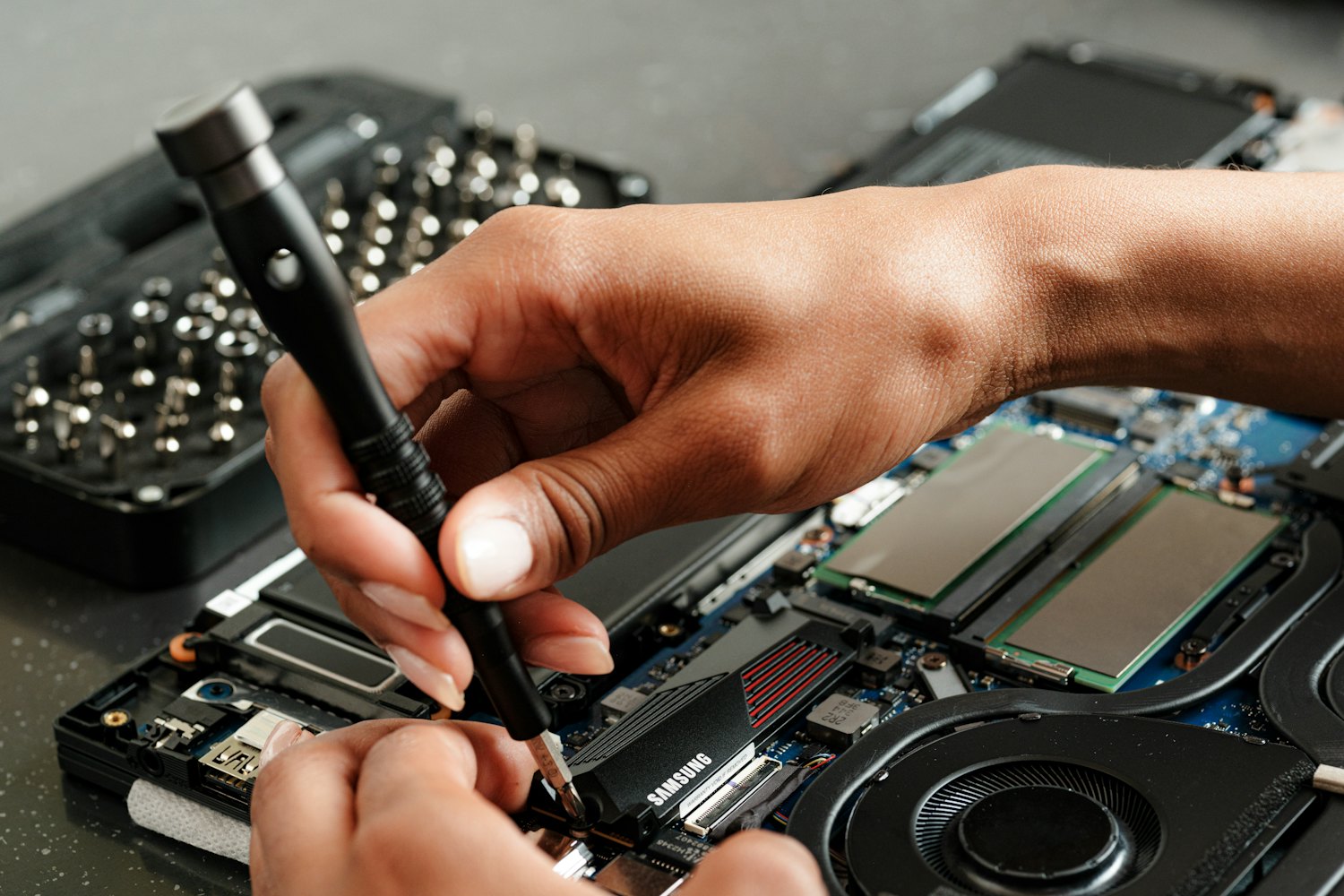 Laptop being serviced in the Wrocław refurbishment workshop